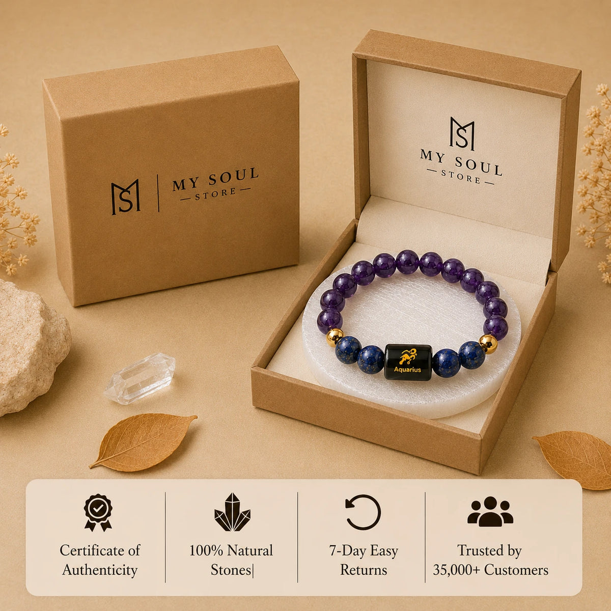 Aquarius (कुंभ राशि) Zodiac Bracelet - Amethyst & Lapis Lazuli