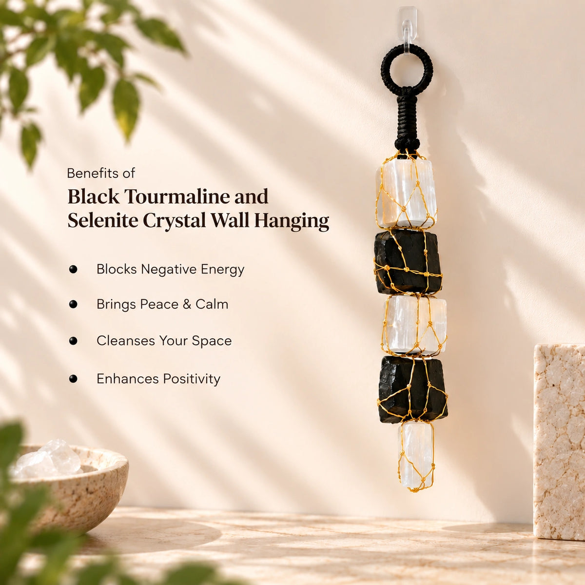 Black Tourmaline and selenite crystal wall hanging