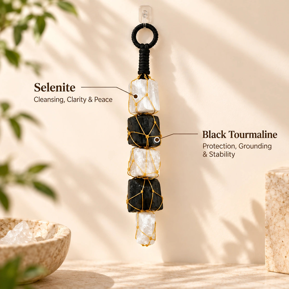 Black Tourmaline and selenite crystal wall hanging