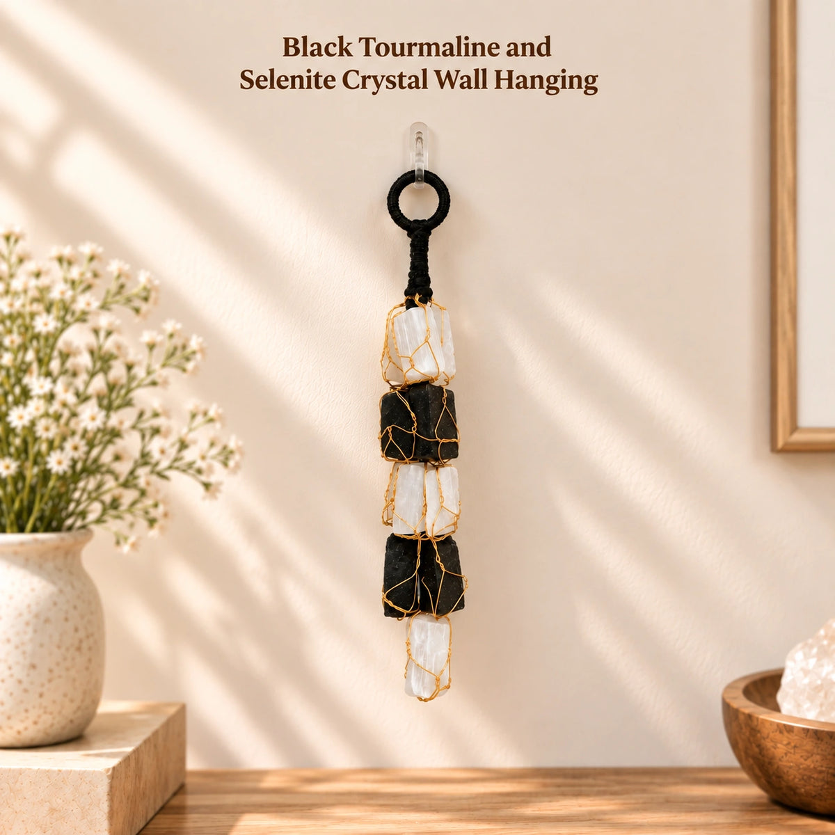Black Tourmaline and selenite crystal wall hanging