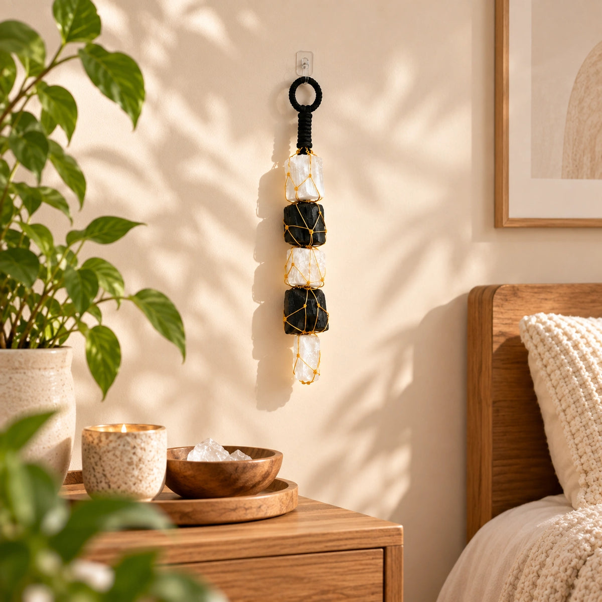 Black Tourmaline and selenite crystal wall hanging