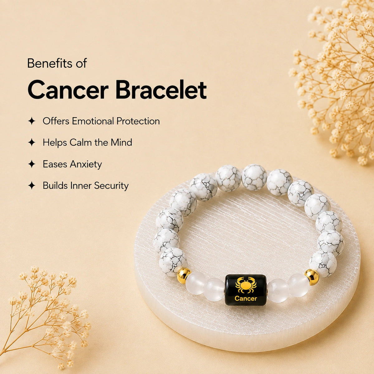 Cancer (कर्क राशि) Zodiac Bracelet - Howlite & Clear Quartz