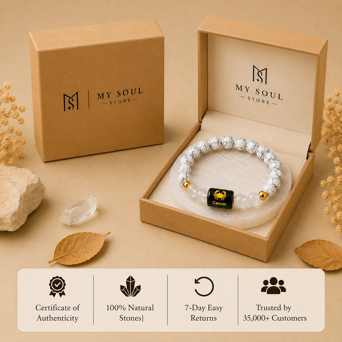 Cancer (कर्क राशि) Zodiac Bracelet - Howlite & Clear Quartz