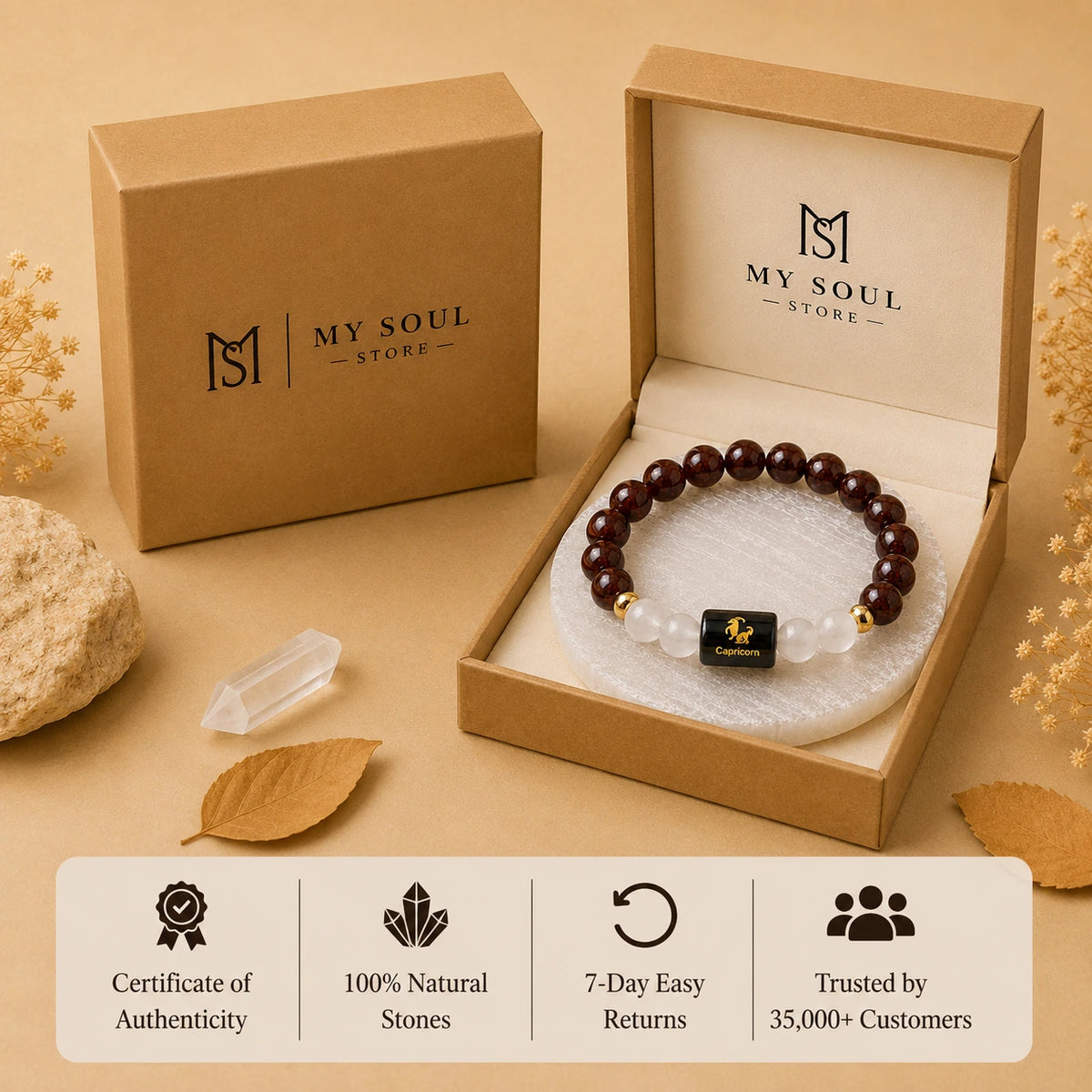 Capricorn (मकर राशि) Zodiac Bracelet - Garnet & Clear Quartz