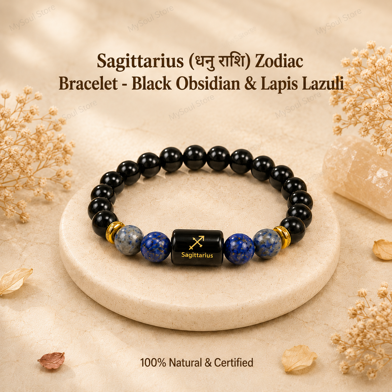 Sagittarius (धनु राशि) Zodiac Bracelet - Black Obsidian & Lapis Lazuli