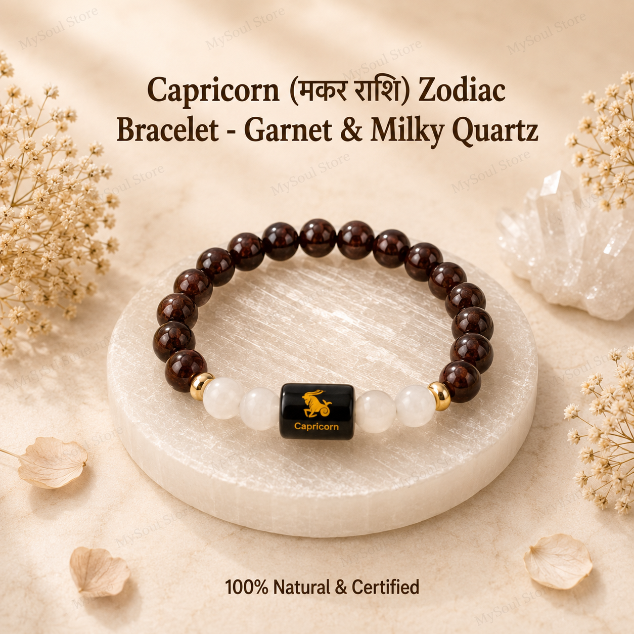 Capricorn (मकर राशि) Zodiac Bracelet - Garnet & Milky Quartz