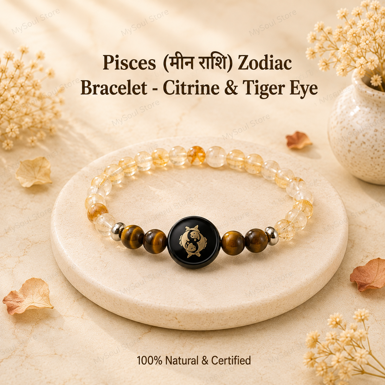 Pisces (मीन राशि) Zodiac Bracelet - Citrine & Tiger Eye