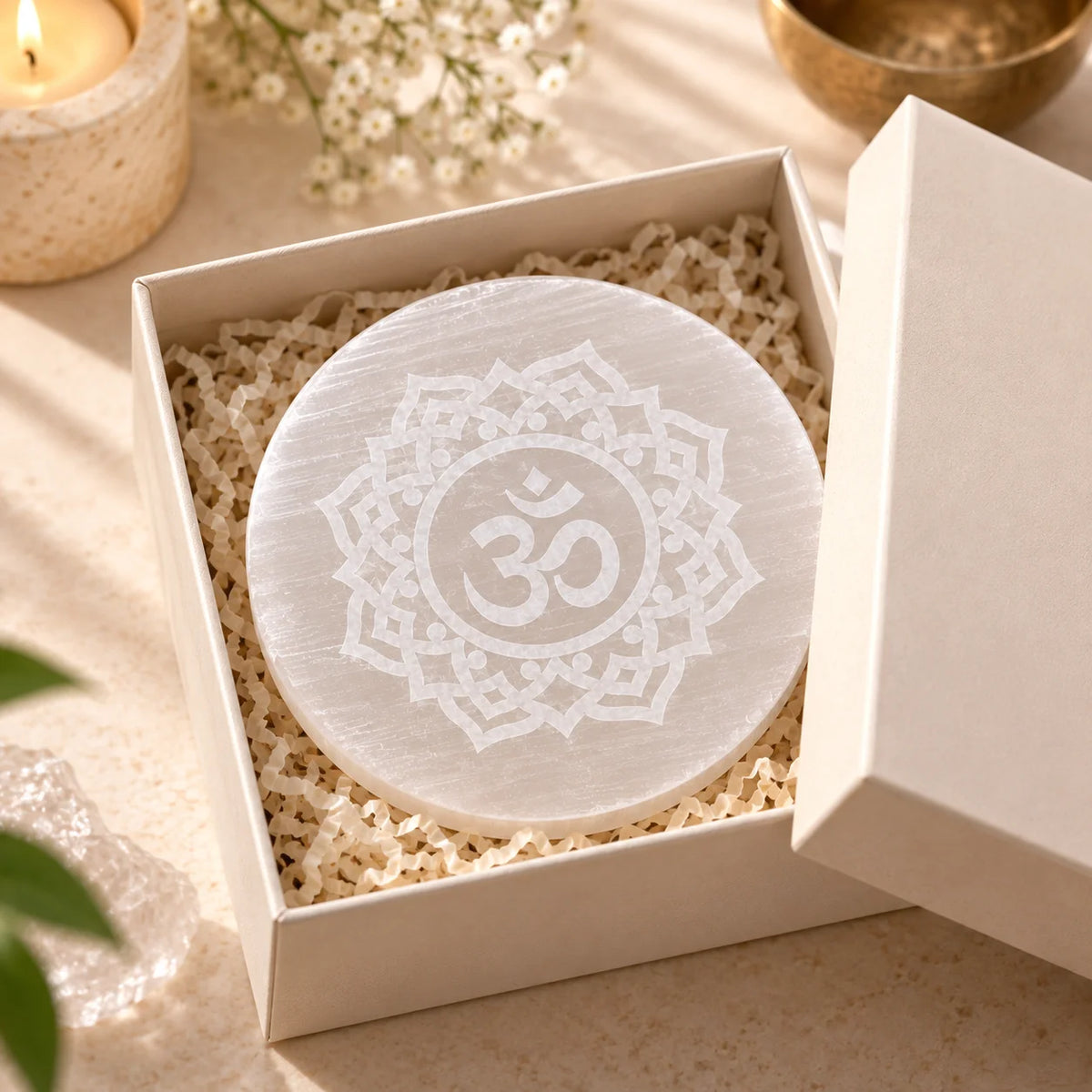 Circle Om Selenite Plate