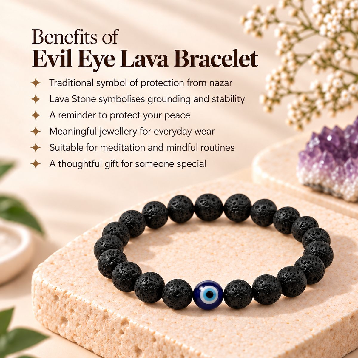 Evil Eye Lava Stone Bracelet - Nazar Protection & Energy Healing