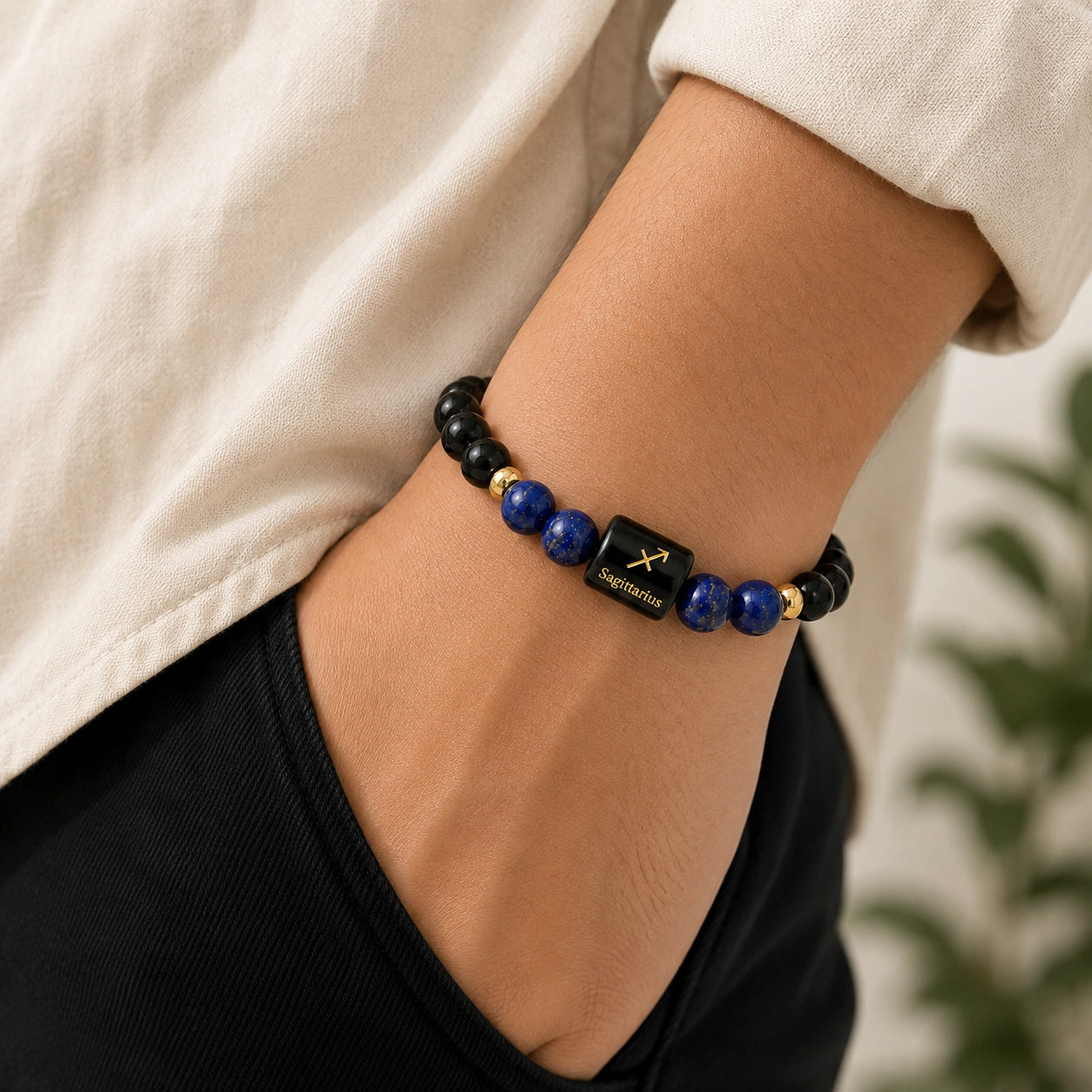 Sagittarius (धनु राशि) Zodiac Bracelet - Black Obsidian & Lapis Lazuli