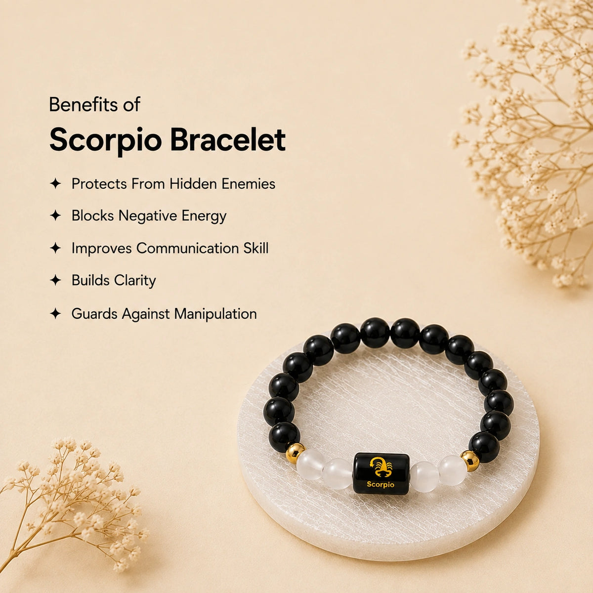 Scorpio (वृश्चिक राशि) Zodiac Bracelet - Black Obsidian & Clear Quartz