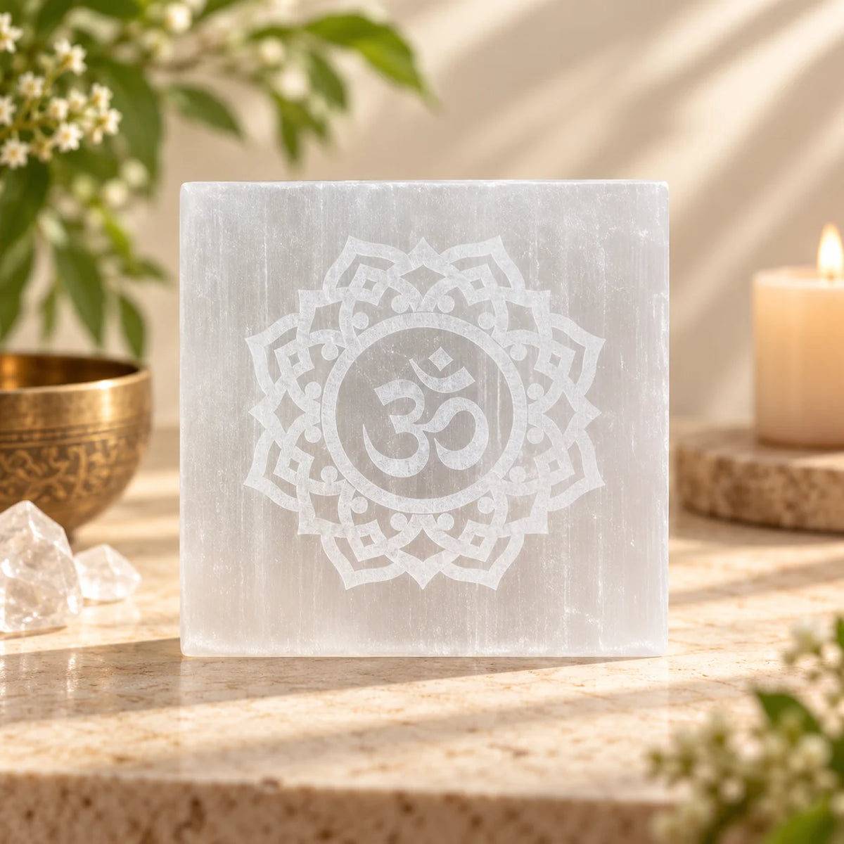 Square Om Selenite Plate