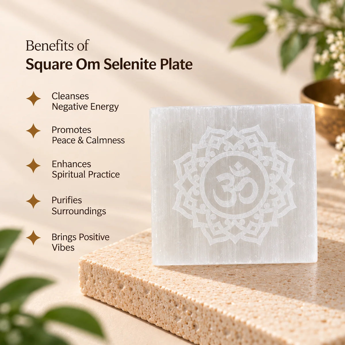 Square Om Selenite Plate