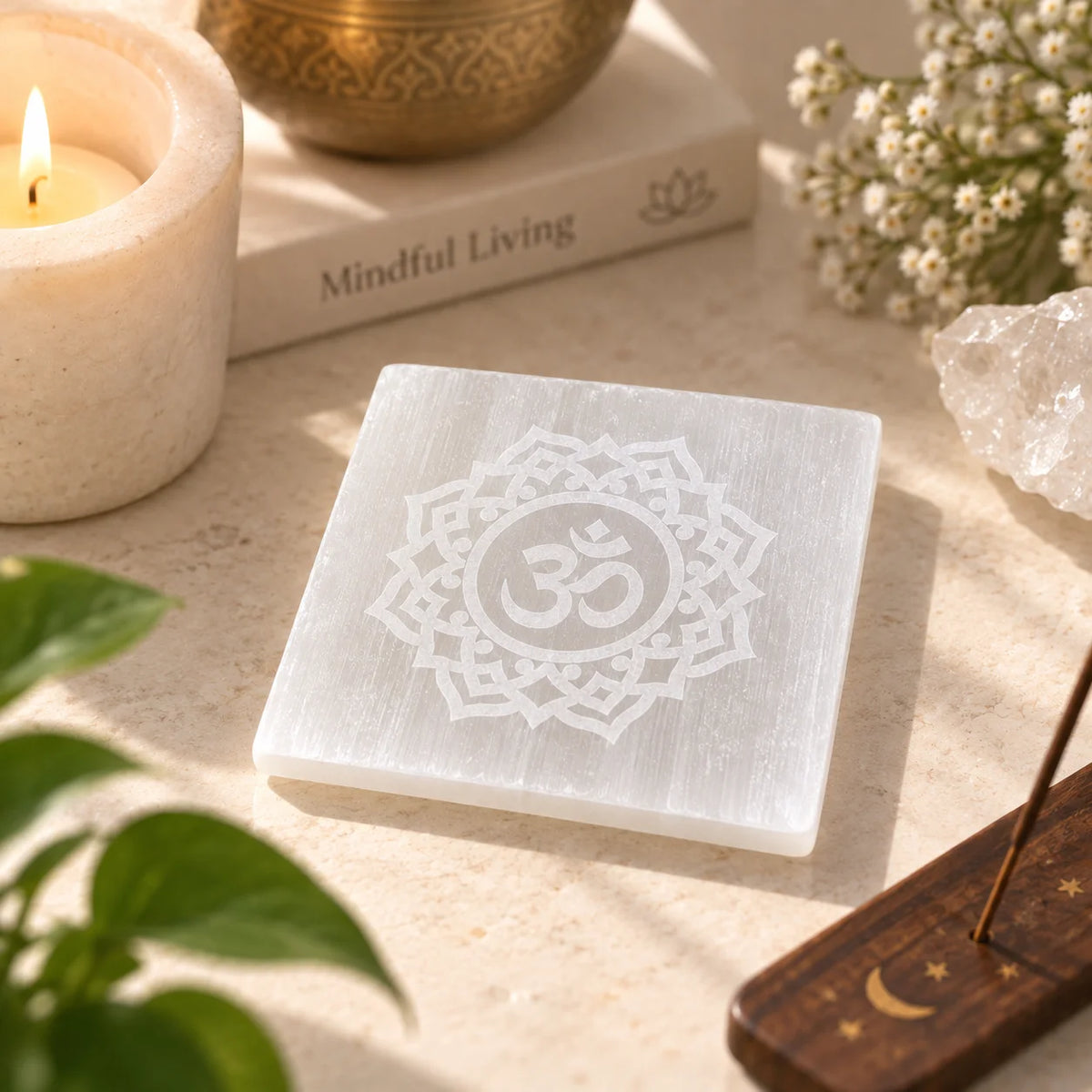 Square Om Selenite Plate