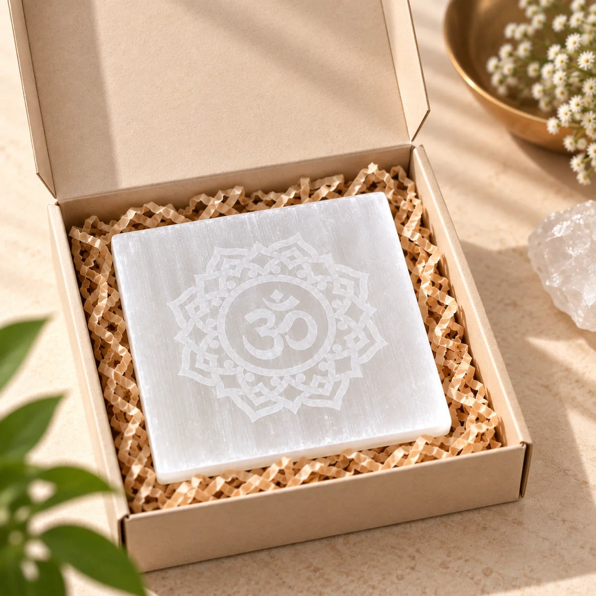 Square Om Selenite Plate