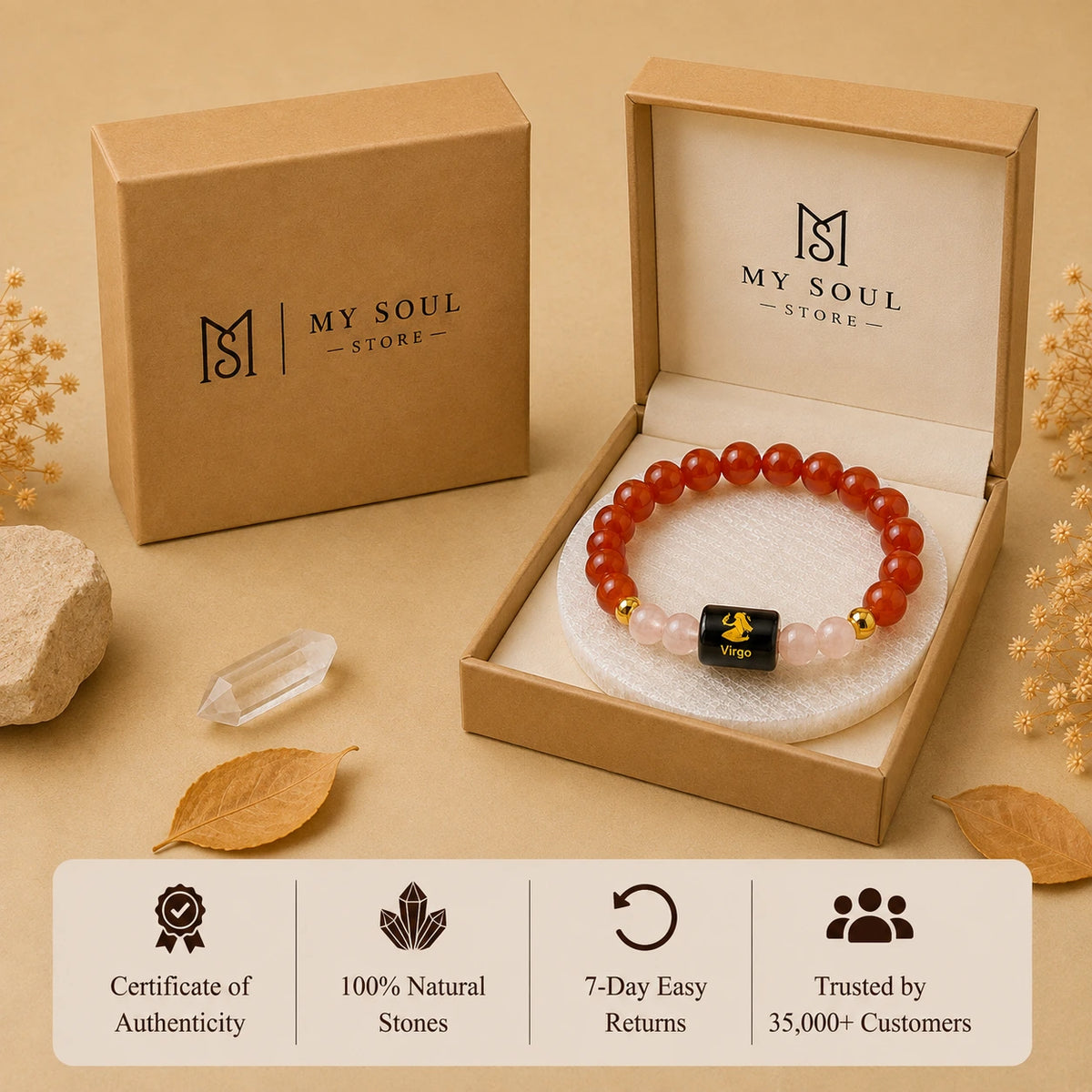 Virgo (कन्या राशि) Zodiac Bracelet - Carnelian & Clear Quartz